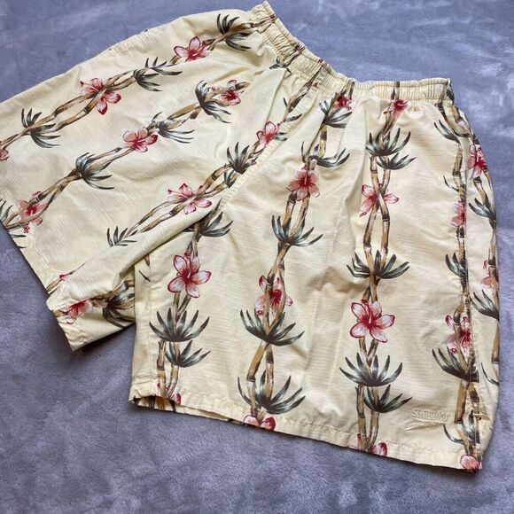 Vintage Speedo‎ Swim Trunks Mens M Yellow Bamboo Print Lined Pockets Tropical - Picture 1 of 13